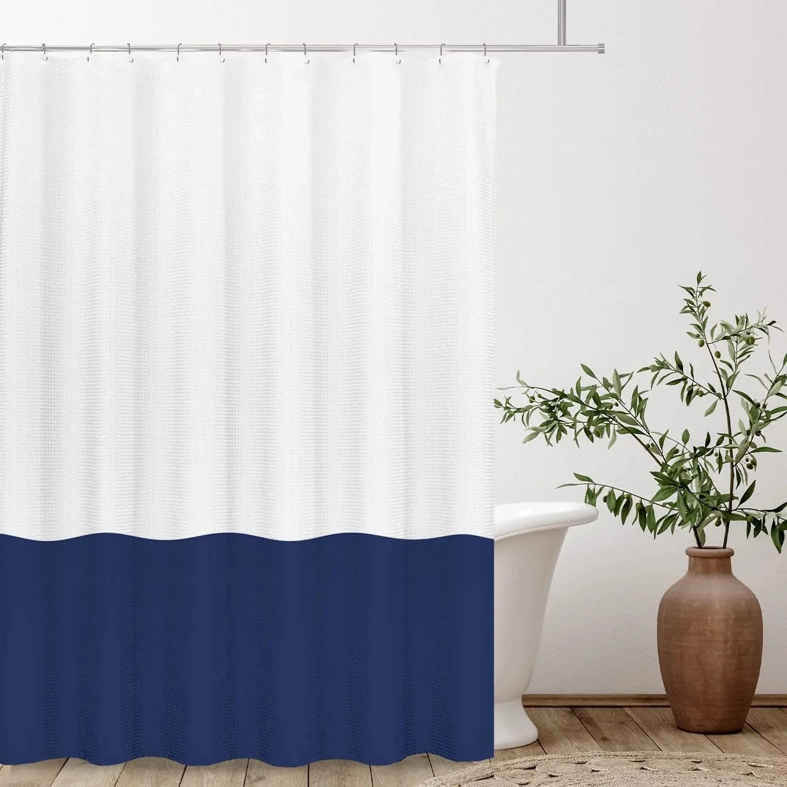 Rideau de douche biton blanc et bleu