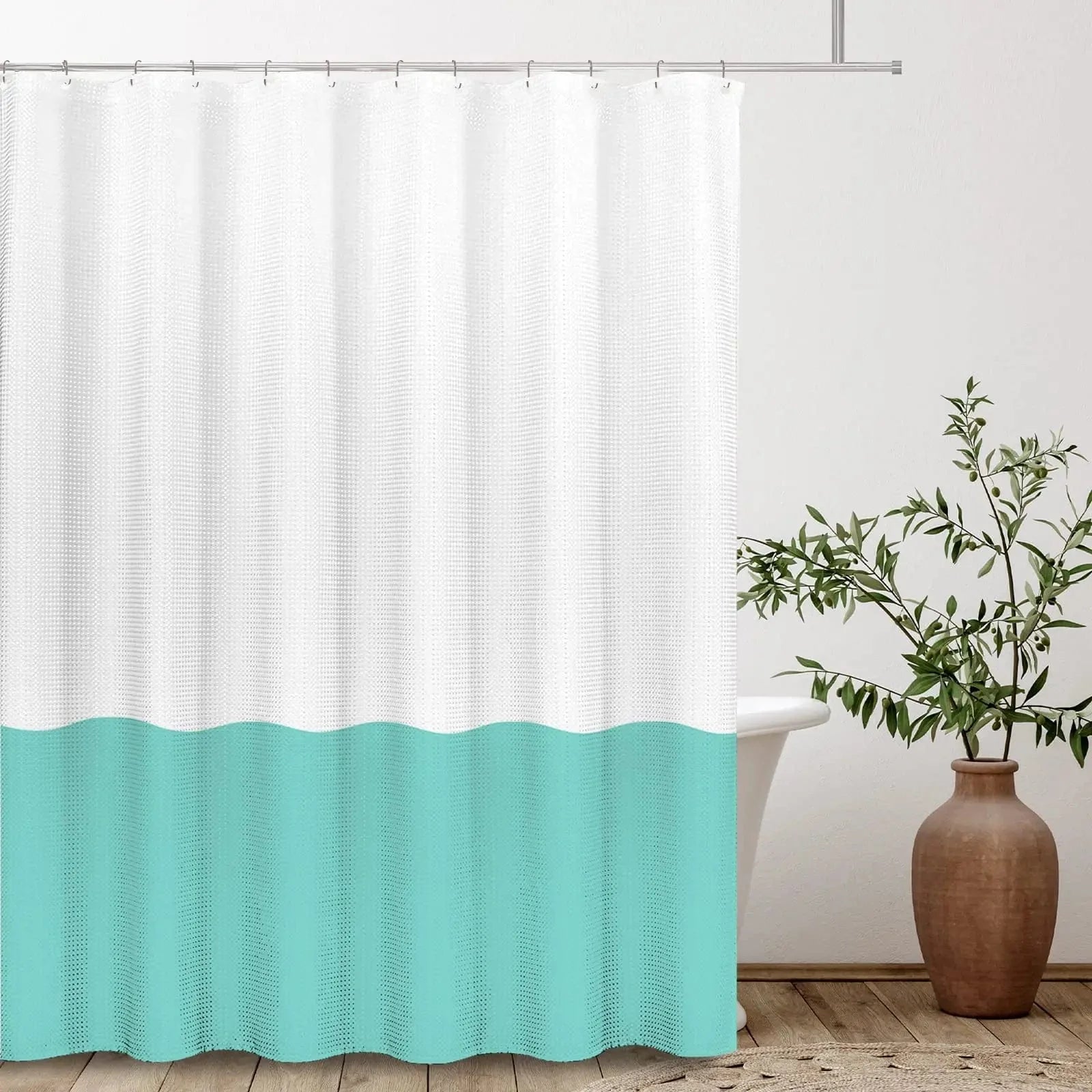 Rideau de douche biton blanc et cyan