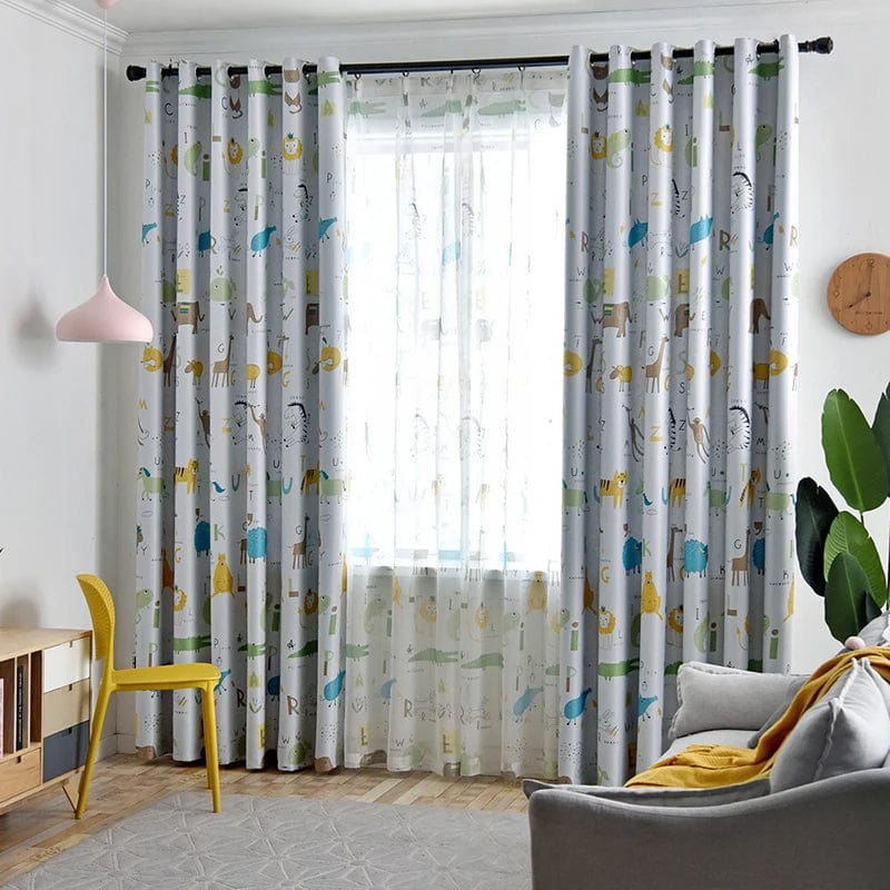 Rideau enfant gris à motifs animaux