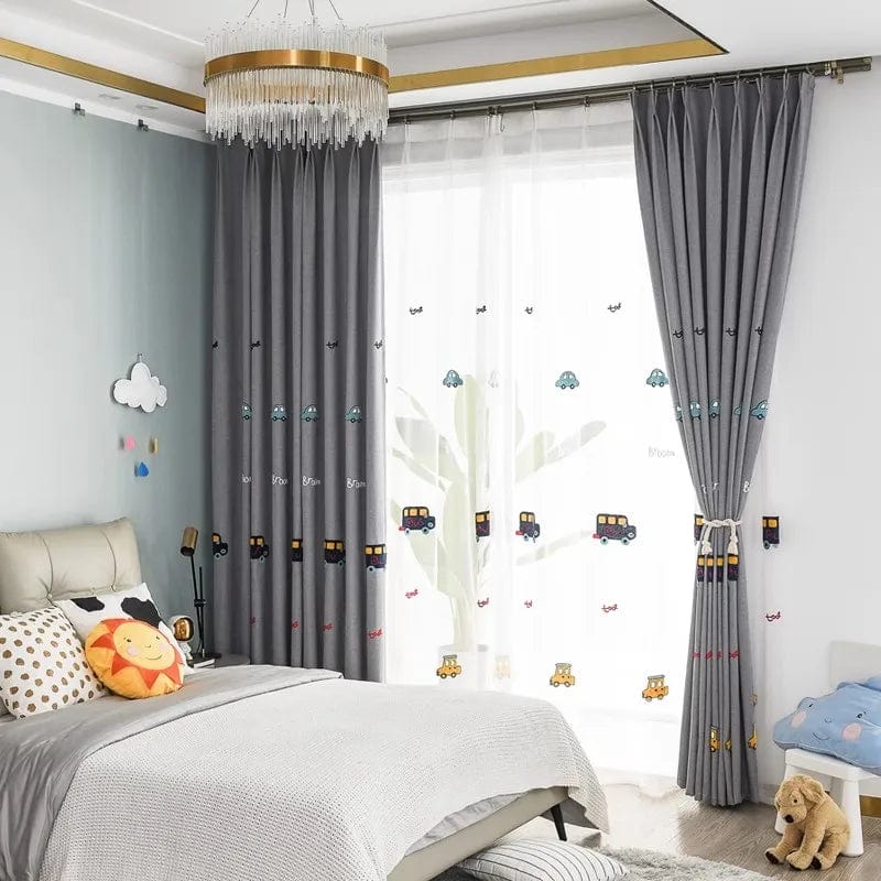 Rideau enfant gris à voitures brodés