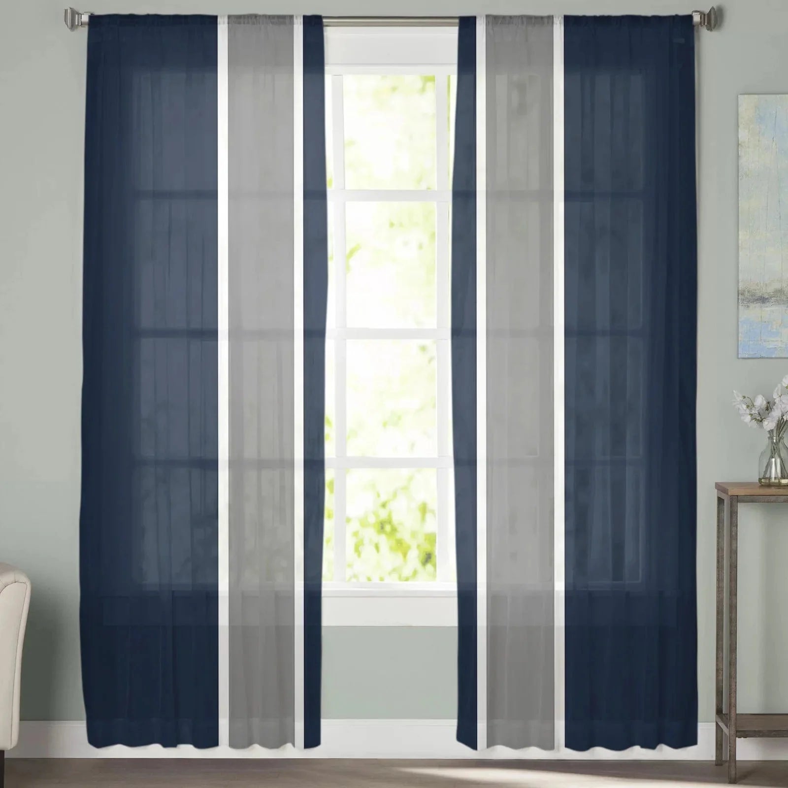 Rideau salon blanc à bandes vertes prestige