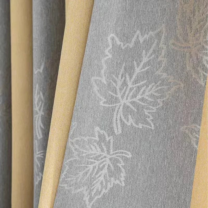 Rideau salon gris et jaune motifs feuilles