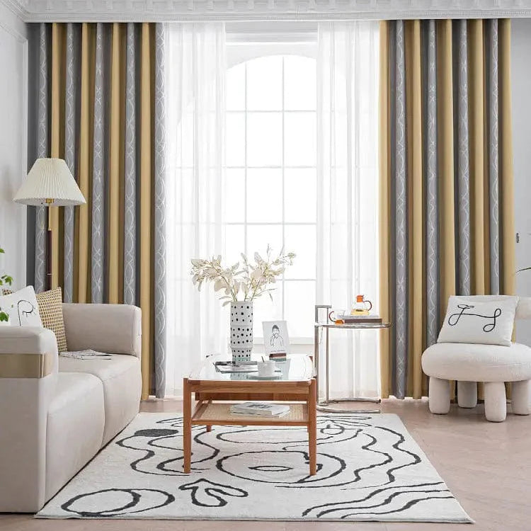 Rideau salon gris et jaune motifs feuilles