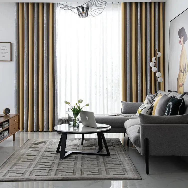 Rideau salon gris et jaunes à motifs