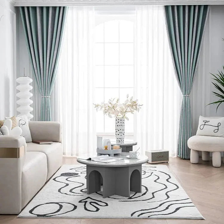 Rideau salon gris et vert canard motifs feuilles