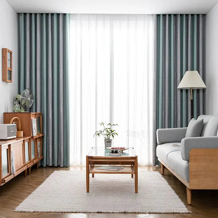 Rideau salon gris et vert canard motifs feuilles