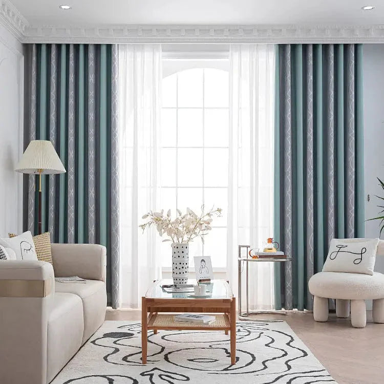 Rideau salon gris et vert canard motifs