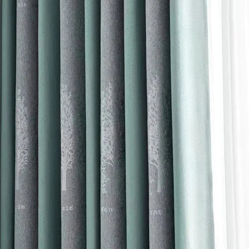 Rideau salon gris et vert canard motifs sapin