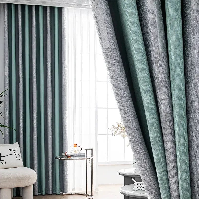 Rideau salon gris et vert canard motifs sapin