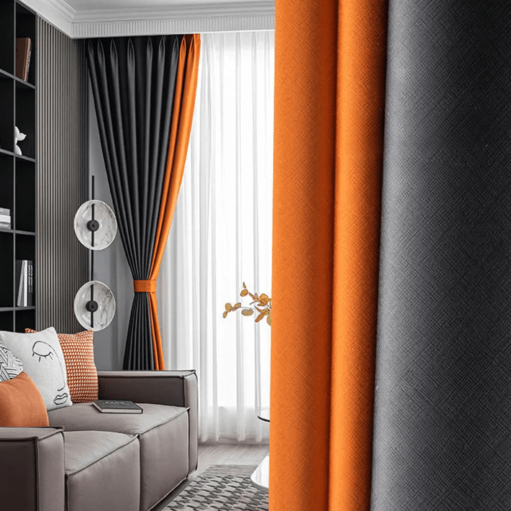 Rideau salon noir et orange harmonieux scintillant