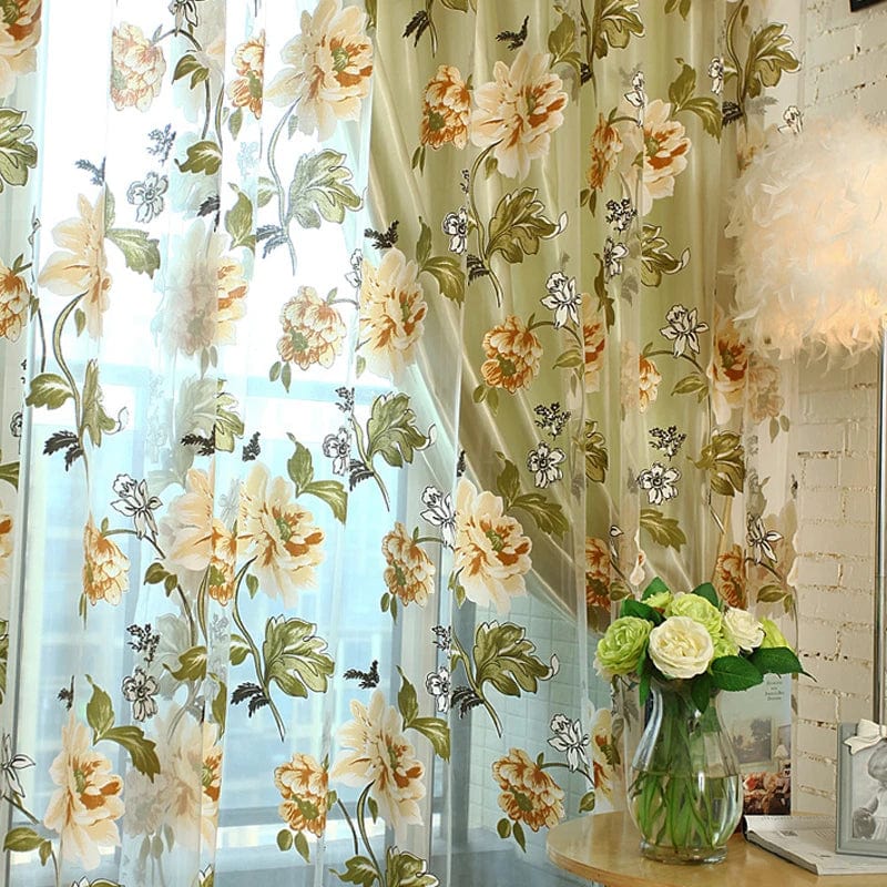 Voilage vert à motif fleures jaunes