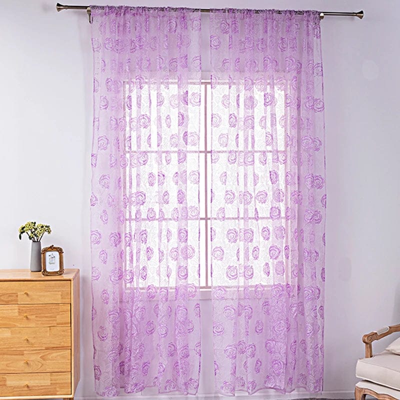 Voilage violet à motifs roses