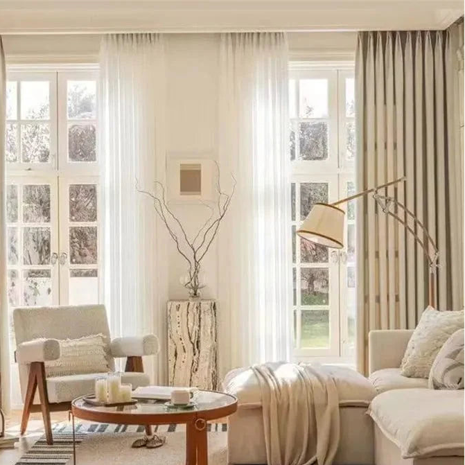 Rideau salon beige soyeux