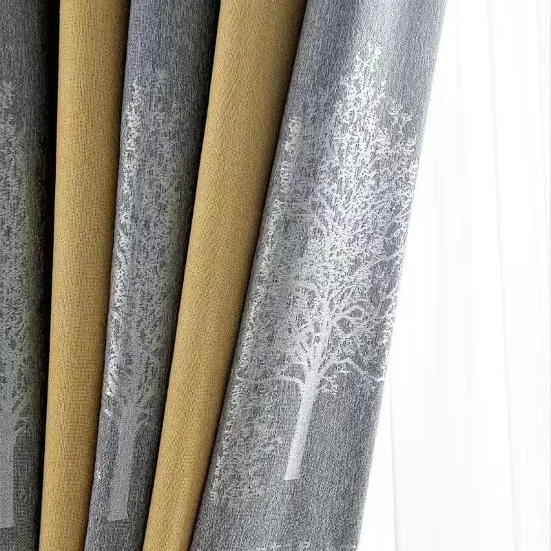 Rideau salon gris et jaune motifs sapins