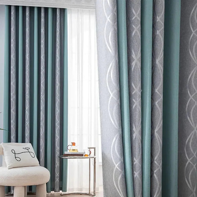 Rideau salon gris et vert canard motifs